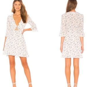 For Love & Lemons White Floral Tie Front Ruffle Neck Mini Dress Size Medium
